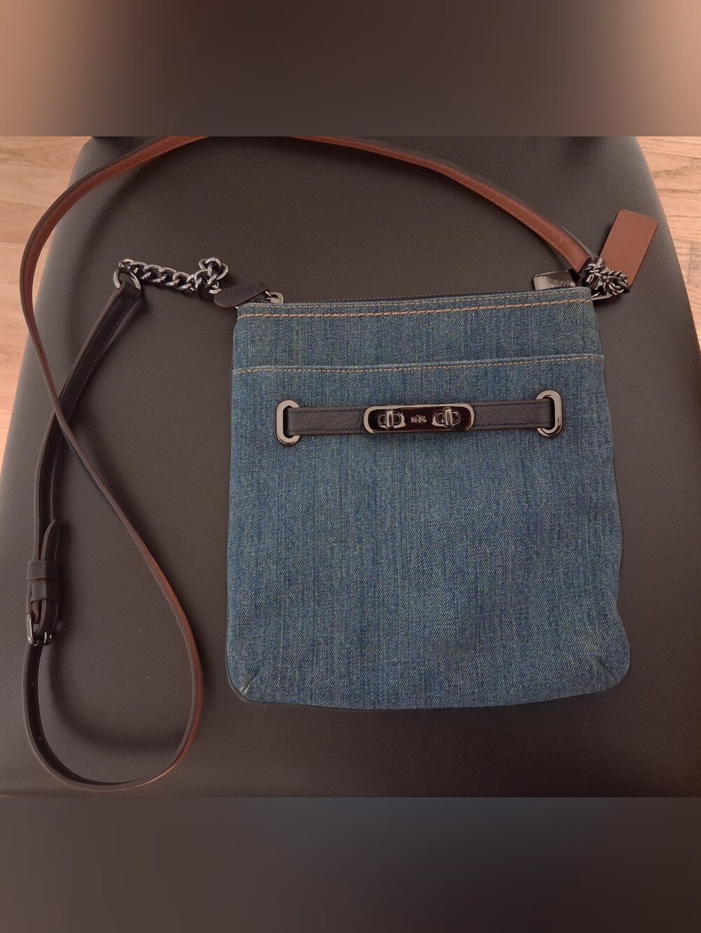 Coach Denim Crossbody Bag with Brown Leather Strap